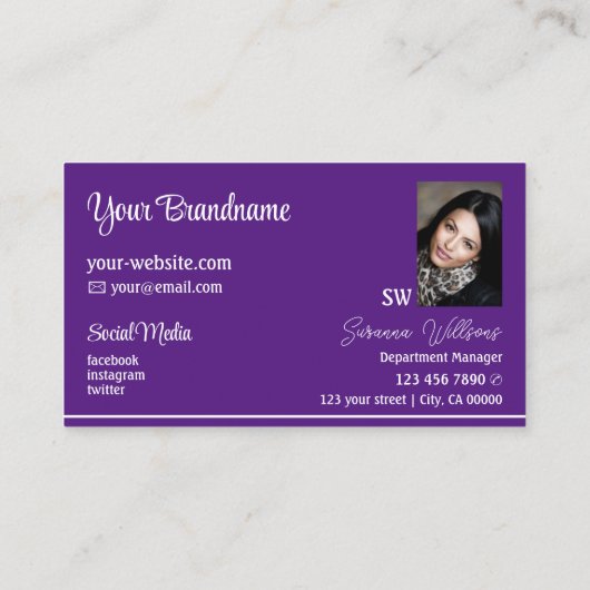 シックな紫の白ストライプいとモノグラムと写真 名刺 (裏面)