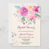 シックな紫の赤面フローラ水カラーブライダルシャワー 招待状 (正面)