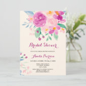 シックな紫の赤面フローラ水カラーブライダルシャワー 招待状 (スタンド正面)