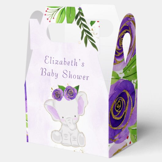 シックな紫の金ゴールドフローラかわいい象の赤ちゃんシャワー フェイバーボックス (オープン)