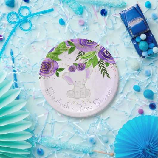 シックな紫の金ゴールドフローラかわいい象の赤ちゃんシャワー ペーパープレート (パーティー)