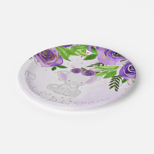 シックな紫の金ゴールドフローラかわいい象の赤ちゃんシャワー ペーパープレート (アングル)