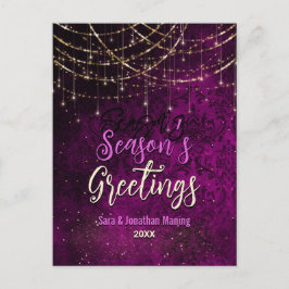 シックな紫の金ゴールドホリデーライトクリスマスの新年 ポストカード