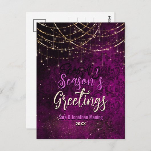 シックな紫の金ゴールドホリデーライトクリスマスの新年 ポストカード (正面/裏面)