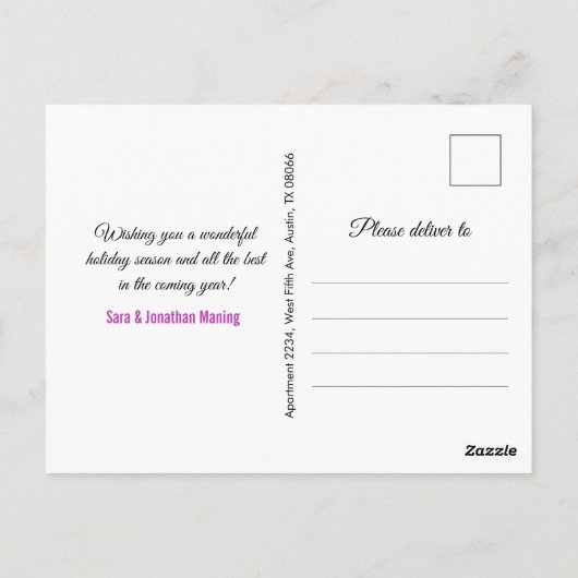 シックな紫の金ゴールドホリデーライトクリスマスの新年 ポストカード (裏面)