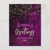 シックな紫の金ゴールドホリデーライトクリスマスの新年 ポストカード (正面)