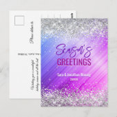 シックな紫フェイクの銀グリッタークリスマス新年 ポストカード (正面/裏面)