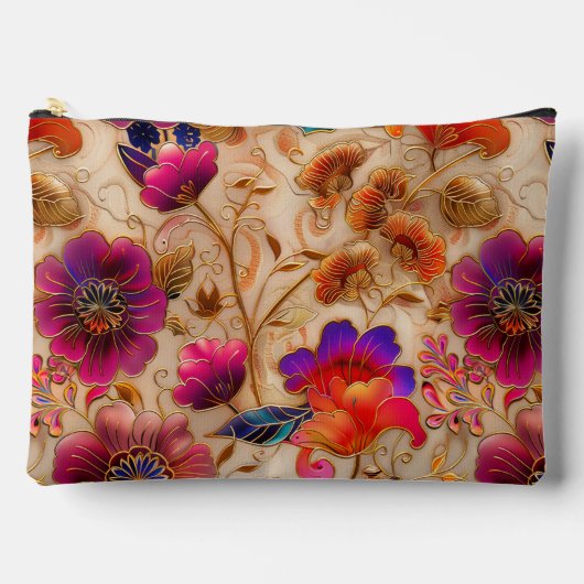 シックな紫色のクリーム花柄 アクセサリーポーチ (正面)
