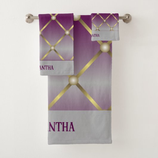 シックな紫色のグレーと金ゴールドメッシュジオメトリ バスタオルセット (インサイチュ)