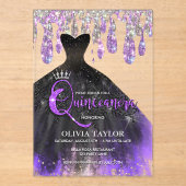 シックな紫色のブラッククリスタルドリップキンセアニェラ アクリル招待状 (正面)