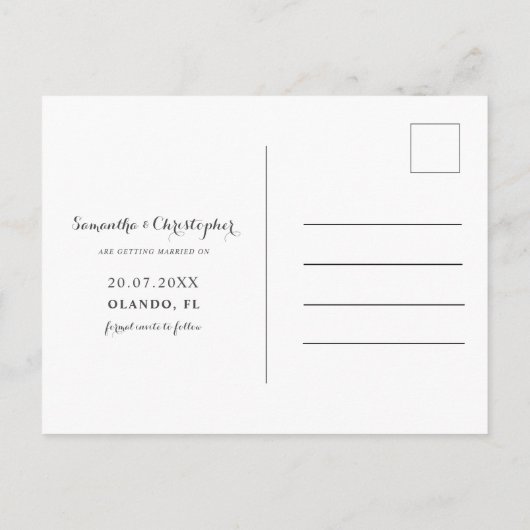 シックな紫色の水の色のフローラ日付を保存 ポストカード (裏面)