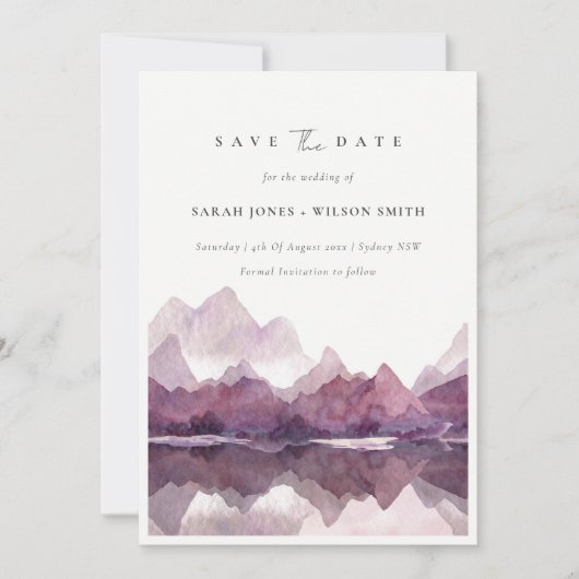 シックな紫色の水の色の山の湖の日付を保存 招待状 (正面)