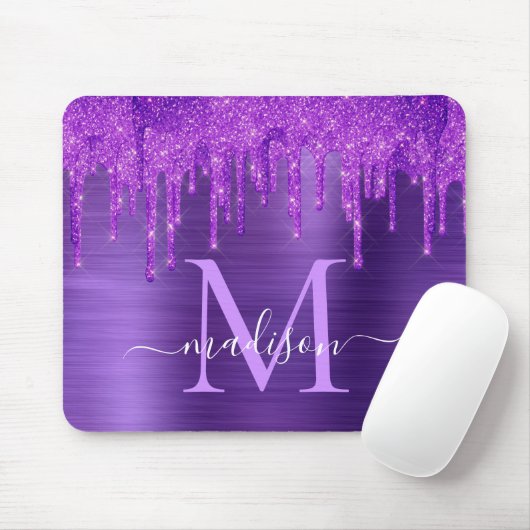 シックな紫色の滴下グリッターブラシメタルモノグラム マウスパッド (マウス)
