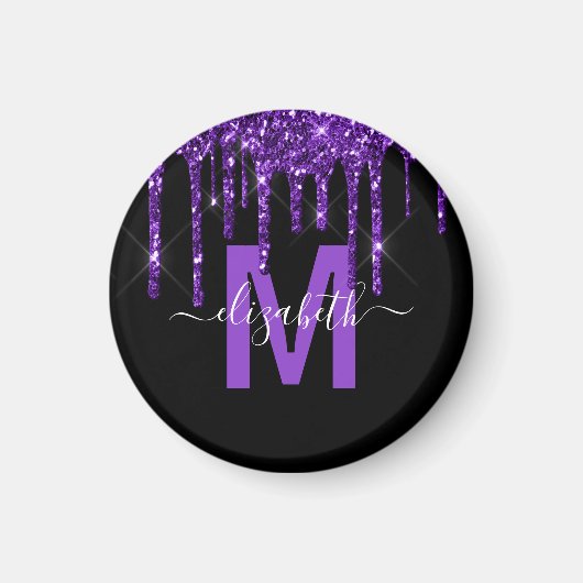 シックな紫色の滴下グリッターブラシメタルモノグラム マグネット (正面)