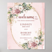 シックな結婚式のウェルカム くすんだピンクの花 ゴールド ポスター (正面)