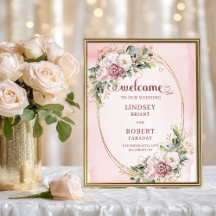 シックな結婚式のウェルカム　くすんだピンクの花　ゴールド