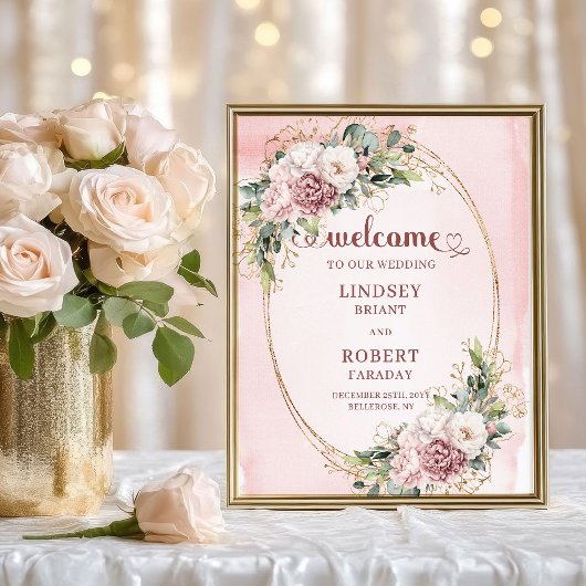 シックな結婚式のウェルカム くすんだピンクの花 ゴールド ポスター