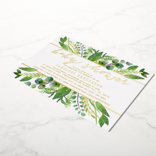 シックな緑とゴールドフォイルニュートラルベビーシャワー実在 箔招待状 (回転した状態)