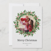 シックな緑と赤のフローラクリスマスフォト シーズンカード (正面)