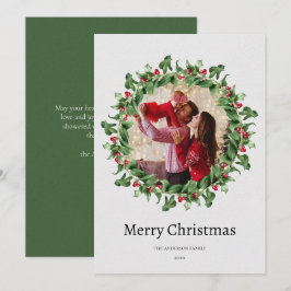 シックな緑と赤のフローラクリスマスフォト シーズンカード