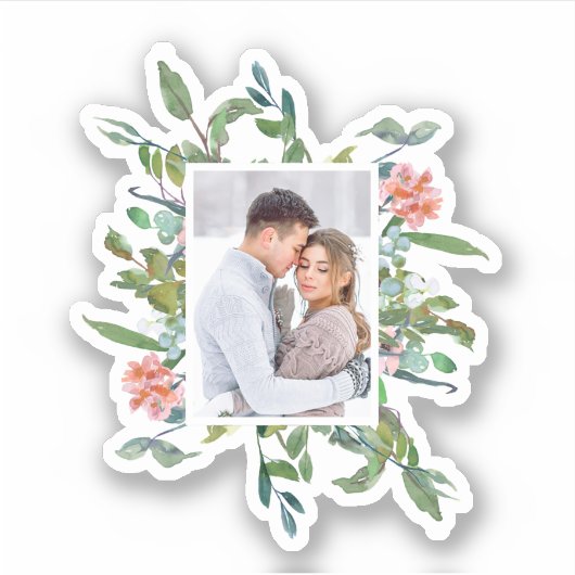 シックな緑と赤面水色フローラと写真 シール (正面)