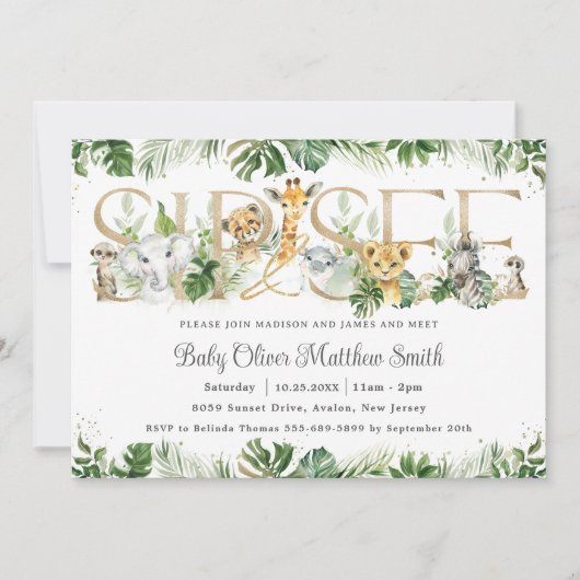 シックな緑のかわいいジャングル動物ベビーsipと参照 招待状 (正面)
