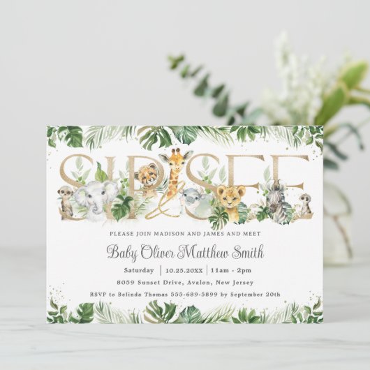 シックな緑のかわいいジャングル動物ベビーsipと参照 招待状 (スタンド正面)