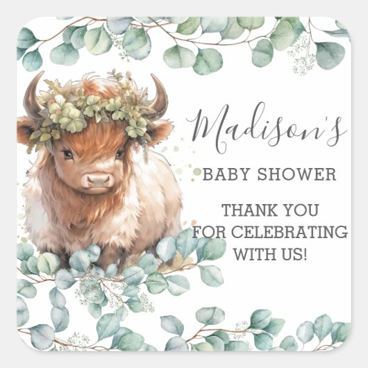 シックな緑のかわいいハイランドカウサンキュービター スクエアシール (正面)