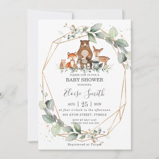 シックな緑のウッドランド動物ベビーシャワーニュートラル 招待状 (正面)