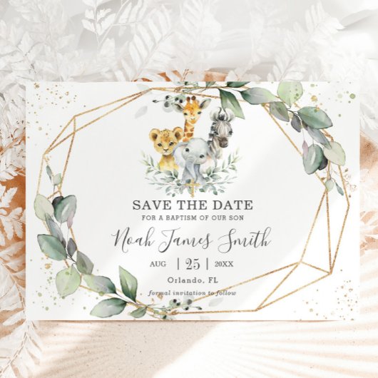 シックな緑のジャングルアニマルズバプテスマ《キリスト教》洗礼式や命名式 セーブザデート