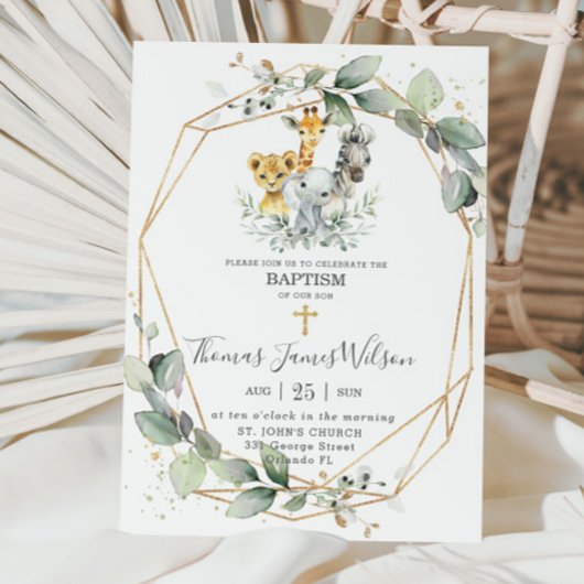シックな緑のジャングルアニマルズバプテスマ《キリスト教》洗礼式や命名式 招待状