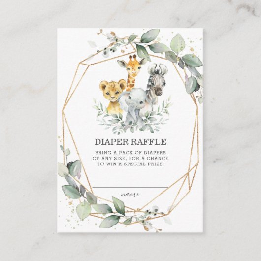シックな緑のジャングルアニマルズベビーおむつラッフル エンクロージャーカード (正面)