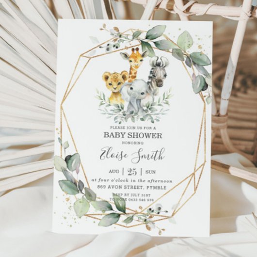 シックな緑のジャングル動物ベビーシャワーニュートラル 招待状