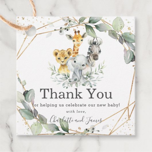 シックな緑のジャングル動物ベビーシャワー誕生日 フェイバータグ (正面)