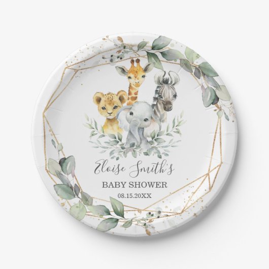 シックな緑のジャングル動物ベビーシャワー誕生日 ペーパープレート (正面)