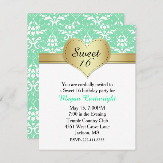 シックな緑のダマスク織の菓子16の誕生日の招待状 招待状 (正面/裏面)