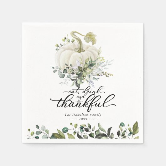 シックな緑のホワイトカボチャ感謝祭 スタンダードカクテルナプキン (正面)