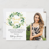 シックな緑のリース金ゴールドグリッター卒業写真 サンキューカード (正面)