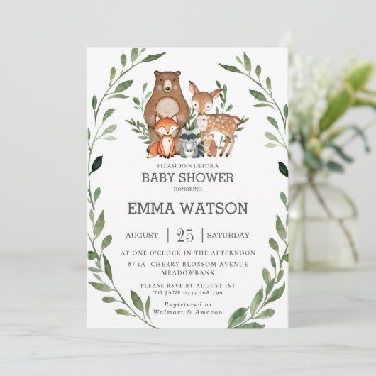 シックな緑の森の動物の赤ちゃんシャワーフォレスト 招待状 (スタンド正面)