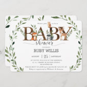 シックな緑の森林動物ベビーシャワーボーイ 招待状 (正面/裏面)