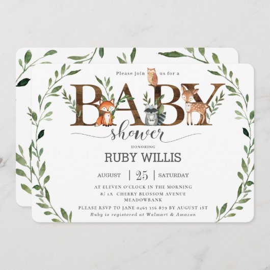 シックな緑の森林動物ベビーシャワーボーイ 招待状 (正面/裏面)