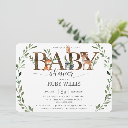 シックな緑の森林動物ベビーシャワーボーイ 招待状 (スタンド正面)