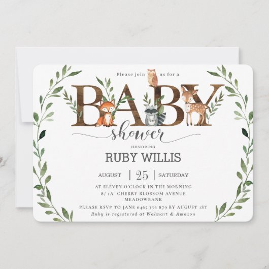 シックな緑の森林動物ベビーシャワーボーイ 招待状 (正面)