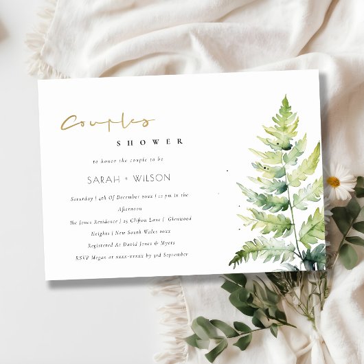 シックな緑の水の色のシダの葉カップルのシャワー 招待状