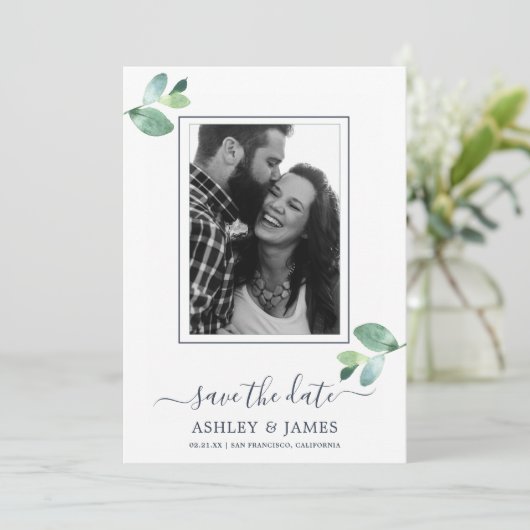 シックな緑の葉ダークブルーの写真デートを保存 招待状 (スタンド正面)