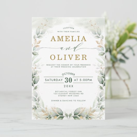 シックな緑の金ゴールドリービユーカリ庭園の結婚式 招待状 (スタンド正面)