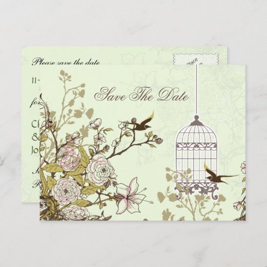 シックな緑の鳥のケージ、愛鳥の日付を保存 案内ポストカード (正面/裏面)