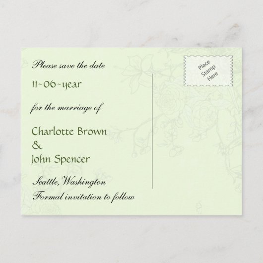 シックな緑の鳥のケージ、愛鳥の日付を保存 案内ポストカード (裏面)