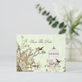 シックな緑の鳥のケージ、愛鳥の日付を保存 案内ポストカード (スタンド正面)