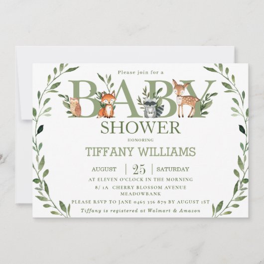 シックな緑素朴の森の動物の赤ちゃんシャワー 招待状 (正面)